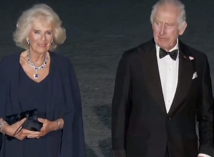 Queen Camilla chose Dior for the State Banquet at Versailles. Her Majesty also wore the George VI sapphires.