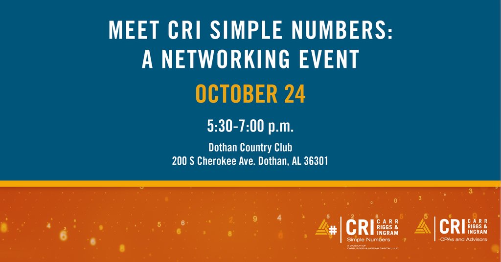 CRIadvisors's tweet image. We invite you to join CRI Dothan to “Meet CRI Simple Numbers: A Networking Event” as we introduce you to a member of the CRI Family of Companies, CRI Simple Numbers!
#CRIcpa #simplenumbers

For more info, click below. 
eventbrite.com/e/meet-cri-sim…