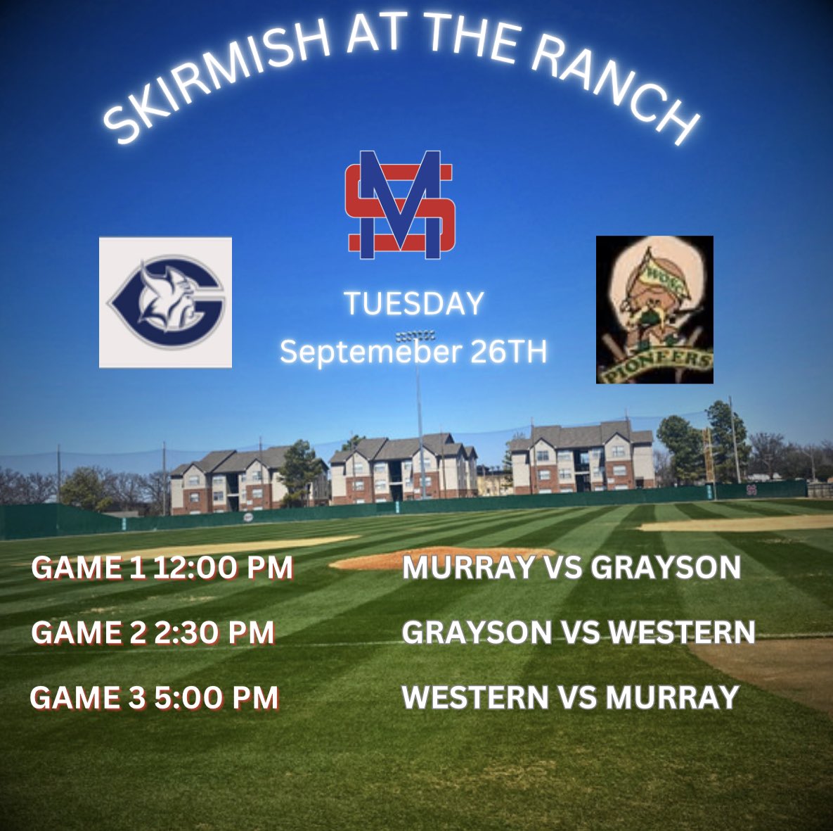 ⭐️SKIRMISH AT THE RANCH
🗓️Tuesday September 26th
📍THE RANCH
⏰GM 1 12:00 PM
⏰GM 2 2:30 PM
⏰GM 3 5:00 PM

Come out and watch the 2nd annual Skirmish at the Ranch starting at 12:00 PM between Murray State, Grayson College, and Western Oklahoma‼️

#LETITLOOSE