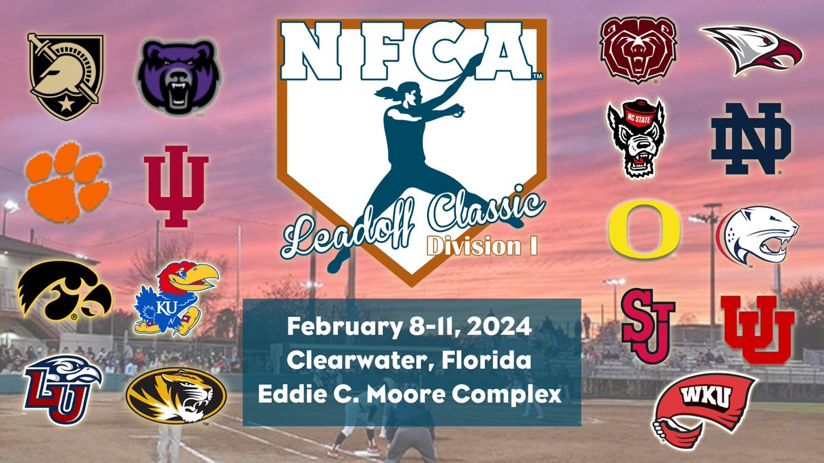 🚨The competitive 17-team lineup has been revealed for the 2024 Division I Leadoff Classic. 🥎

Join us in Clearwater, Fla., February 8-11!
*Tickets will go on sale 9/22 at 10 am ET

🔗 bit.ly/46ndT0D

#NFCA40
