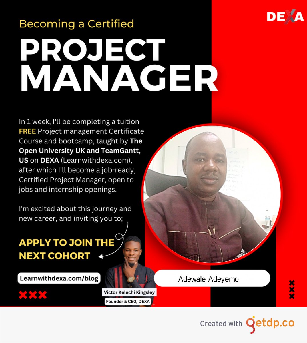 AdeAdeLawal's tweet photo. I'm about to complete &amp; receive my #ProjectManagement Certificate from the tuition-free course taught bythe Open University UK &amp; TeamGantt on DEXA &amp; it's been an amazing learning experience!

If you wish to learn more about this program, use the link below
https://t.co/csehjJCeoY https://t.co/gWshHIkfW8