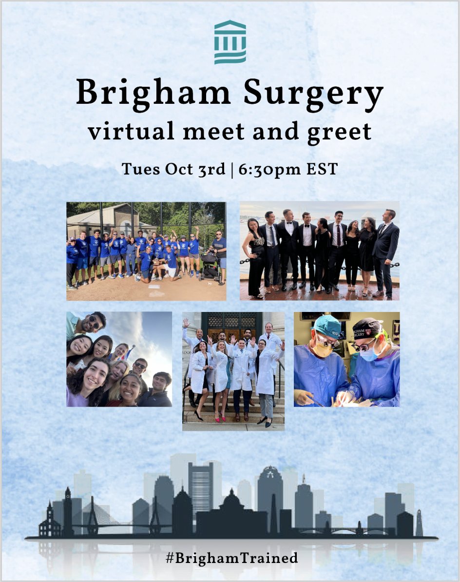 Surgery applicants! Interested in joining the #BrighamBunch? Save the date for our virtual meet & greet to hear from our faculty and residents on what it’s like to be #BrighamTrained. Join us Oct 3 at 6:30pm EST, and sign-up here: tinyurl.com/BrighamSurgery…