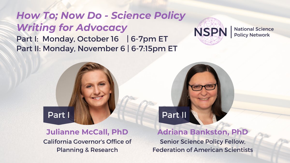 Interested in learning how to use #SciPol writing for advocacy? Find out in this two-part workshop! Participants will come away with a deeper understanding of common types of science policy writing & how and where they are utilized. Learn more & register: ow.ly/IEvT50POnrz