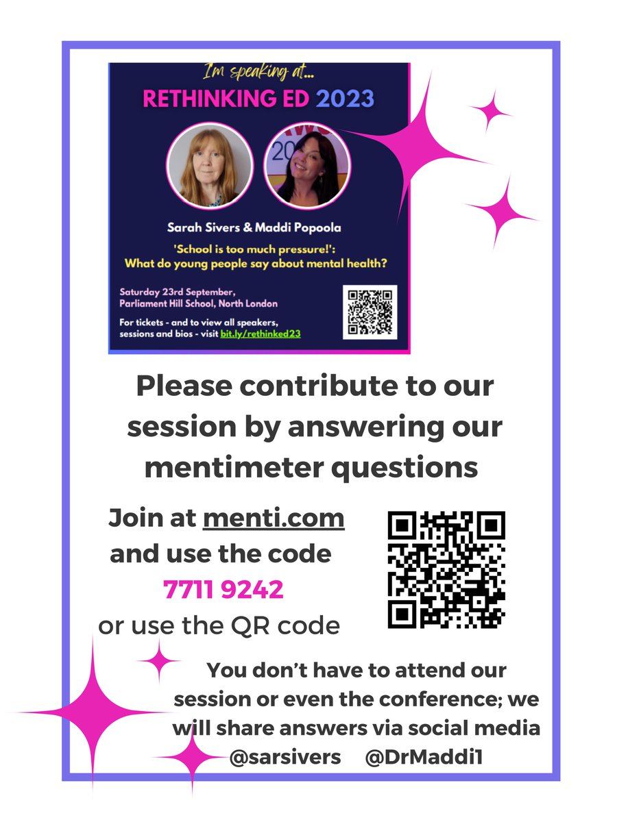 If you are attending the #RethinkingEd23 conference, please join us ⭐️ 
If you choose to see one of the other amazing talks (& there are so many) or if you are not able to attend we would still love your engagement
Please answer our #mentimeter questions #pupilviews