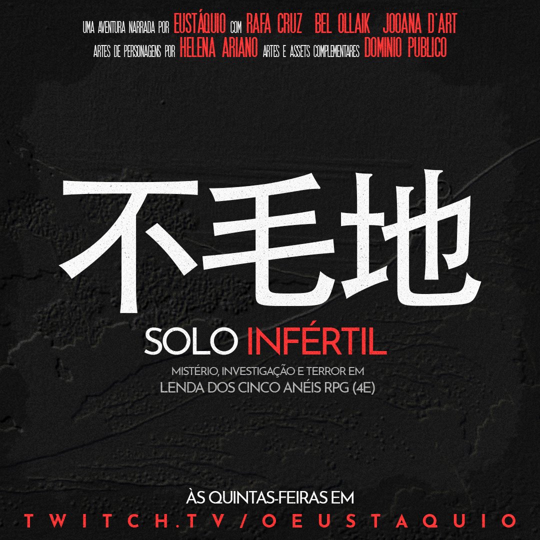 NOITE DE RPG!
Hoje teremos a criação das fichas de PJ e uma conversa sobre o sistema para a nossa mesa de "SOLO INFÉRTIL", aventura de mistério/investigação/terror em Lenda dos Cinco Anéis 4e com <a href="/jooanadart/">Jooana d'Art</a> , @oRafa_Cruz e <a href="/OsabelIllaik/">TPBel*</a> 

Colem com a gente às 21h na twitch <3