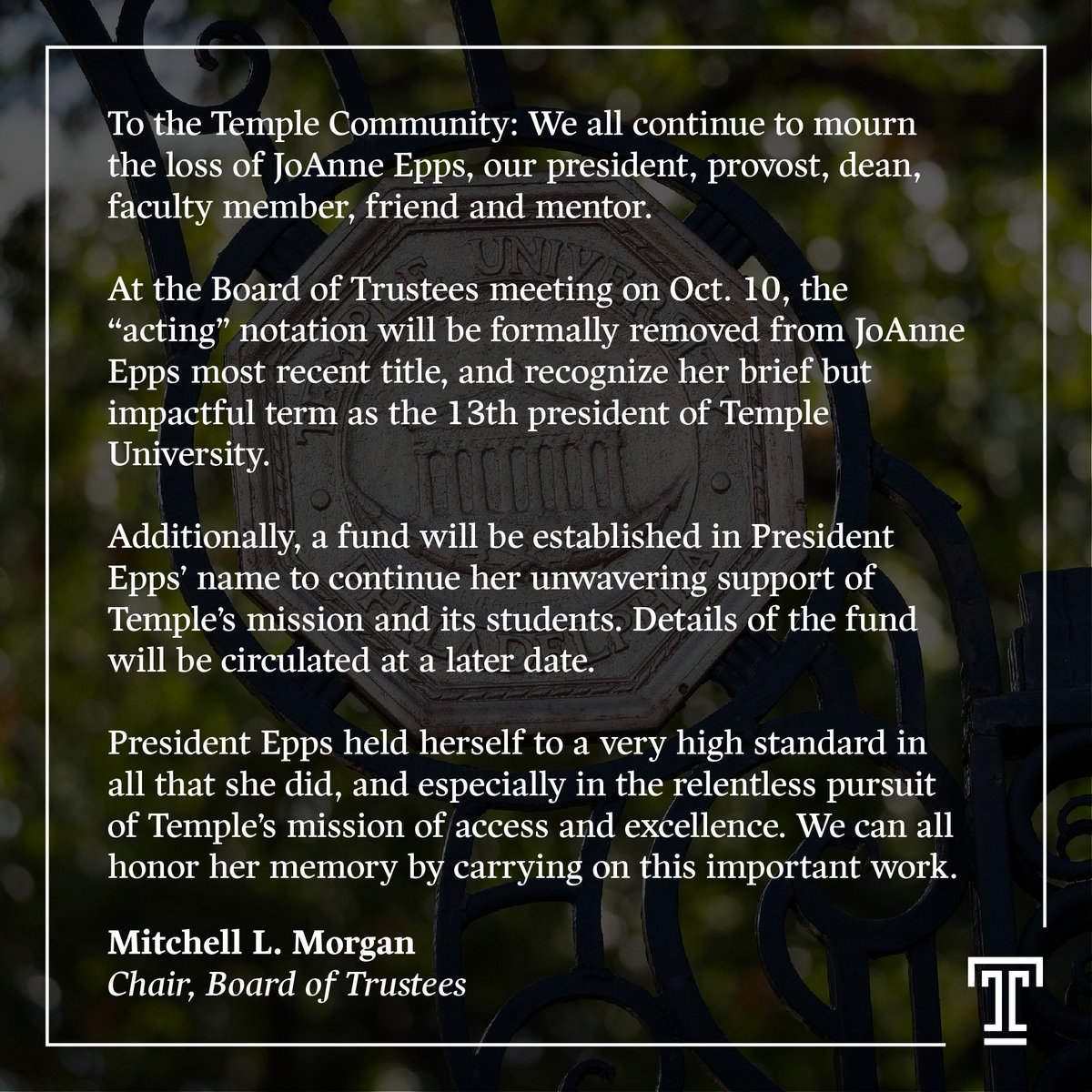 A message to the Temple Community from Mitchell L. Morgan, chair of the Board of Trustees.