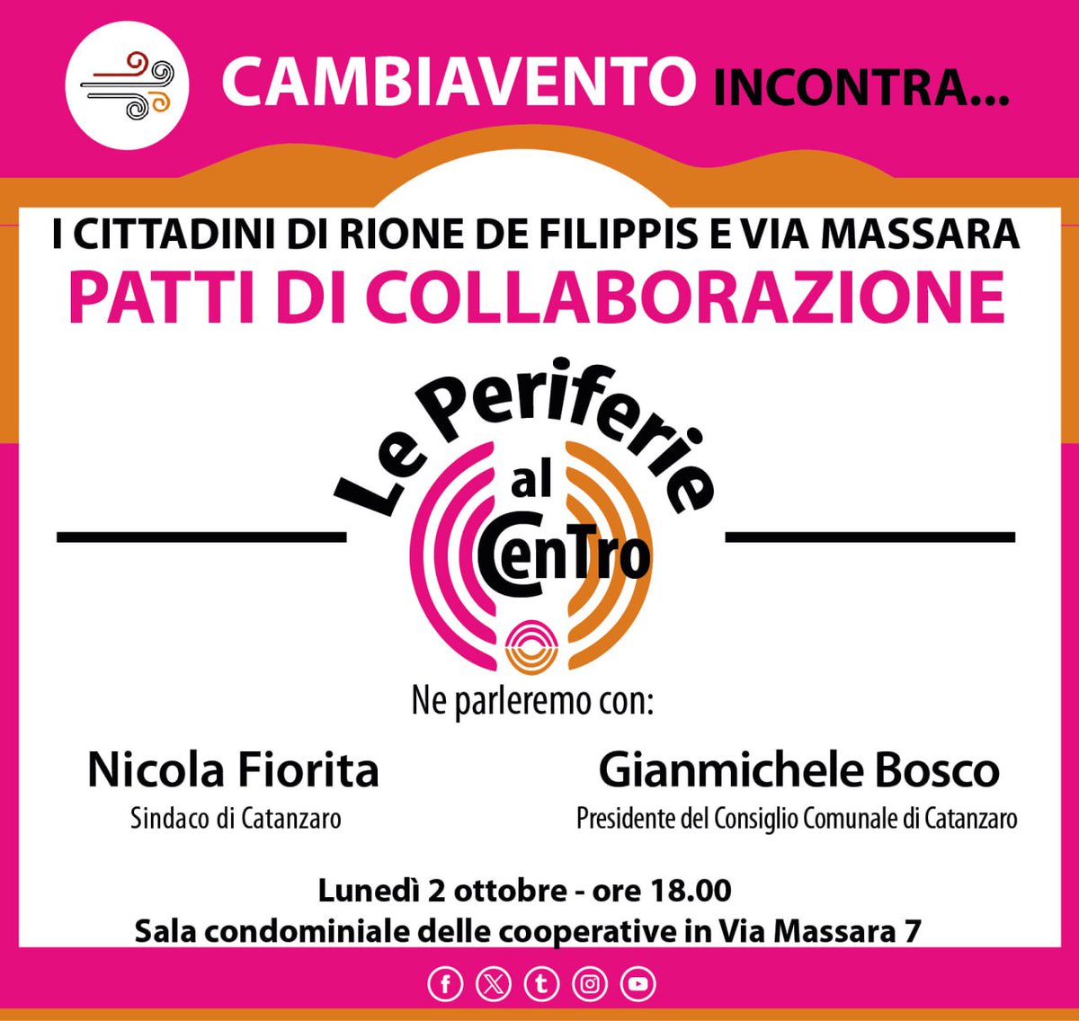 cambiavento_cz's tweet photo. Cambiavento incontra... tutti. 
Cambiavento ascolta...tutti.
#noitutti per Catanzaro 

Si comincia lunedì 2 ottobre, alle ore 18. 
Sala condominiale delle cooperative di Via Massara, 7. 
Vi aspettiamo. 
#cambiaventoincontra 
#pattidicollaborazione
#periferiealcentro
#catanzaro https://t.co/VKyCFLwpxo