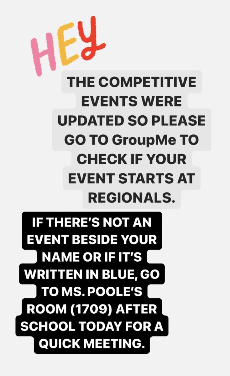 Sorry for the confusion guys! Events were updated so please check GroupMe to see if you need to attend the meeting today!