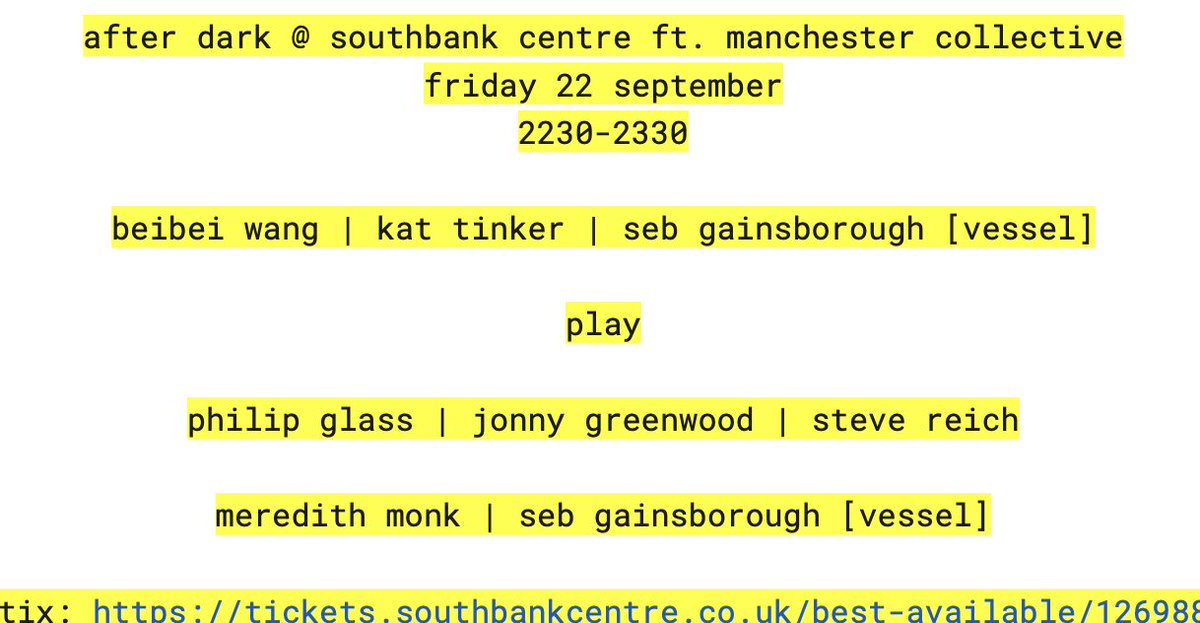 Tomorrow Fri 22nd @southbankcentre I'm playing some great pieces along with Beibei Wang and Seb Gainsborough: @philipglass | @JnnyG | @meredith_monk | @SteveReich + @V_E_S_S_E_L tix: southbankcentre.co.uk/whats-on/class…