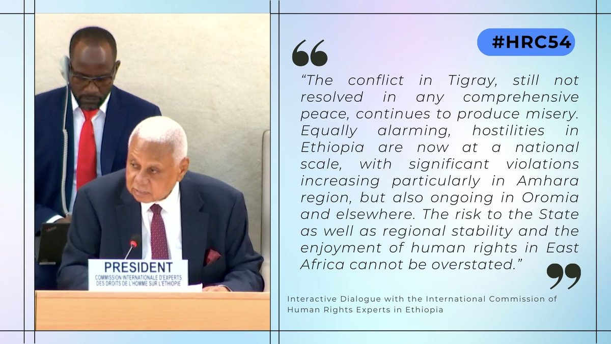 1/3 In its report to #HRC54, the #ICHREE #Ethiopia 🇪🇹 highlights:

➡️Continued conflict and ‘ongoing’ human rights violations in  #Tigray as well as Amhara, Afar and Oromia
➡️ A flawed #TransitionalJustice process and continued culture of #impunity
➡️'Grave and systematic’…