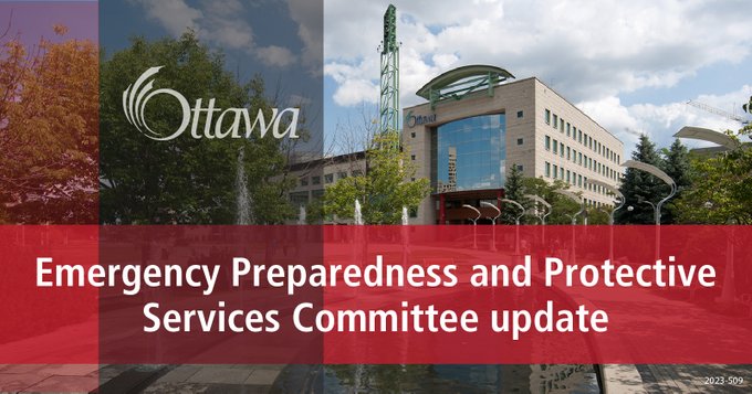 A graphic with Ottawa City Hall is in the background. A vertical grey stripe and a horizontal red stripe are in the foreground with "Emergency Preparedness and Protective Services Committee update" in the centre.