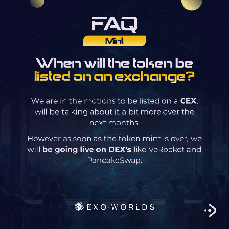 ExoWorldsNFT's tweet photo. Our Token Sale is generating buzz, and we're here to answer your burning questions! 🔥

Check out our latest FAQ session to learn more about our project and how you can get involved.

Join our Discord to see more 👉🏻 https://t.co/6CXb901HPt

#ExoWorlds #VeChain $EXO