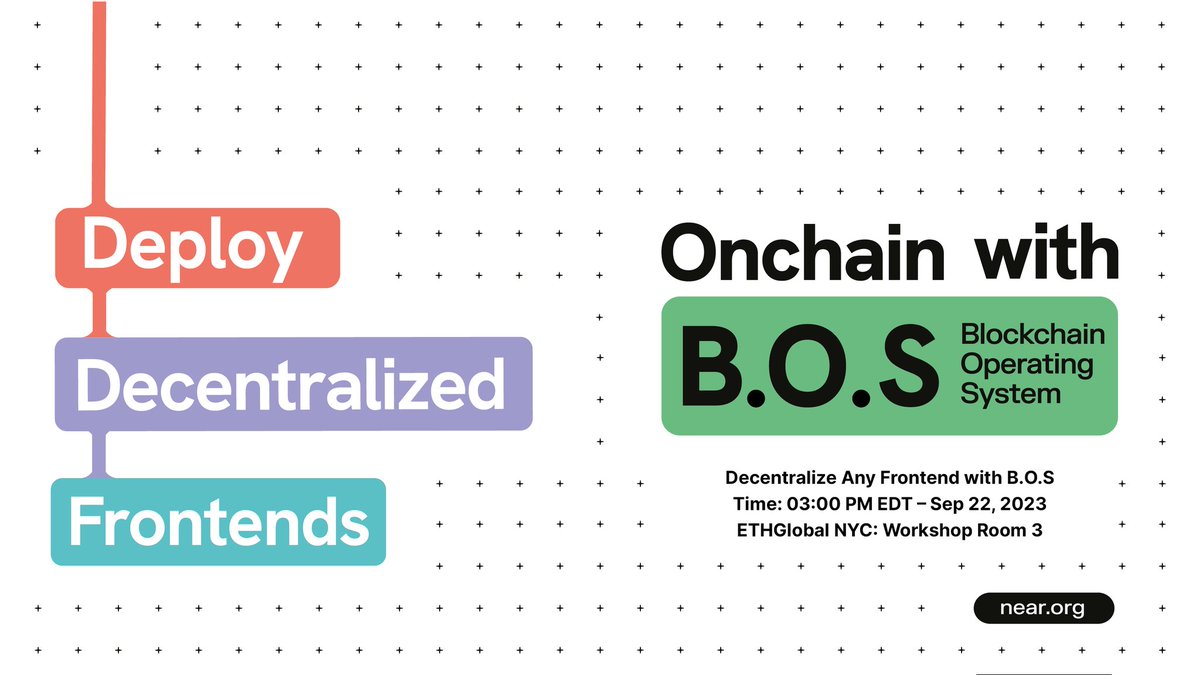 ETHGlobalNewYork is NEAR 🗽

Join the B.O.S workshop tomorrow Sep 22 at 3pm EDT in Workshop Room 3!

Hack the B.O.S for the @NEARProtocol bounty for “Best Decentralized Frontend”. $10k USD in prizes for up to 6 winners. Buildooors unite! 🛠️

Read more: 
ethglobal.com/events/newyork…