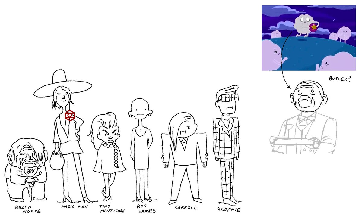 I love this week's episodes of Fionna and Cake a LOT. I did some designs for Marshall's mom's party guests, I wanted them to look like art-scene rich people.

I tried to do all characters from episodes that feel .. Jesse Moynihan-y? They all go together well!