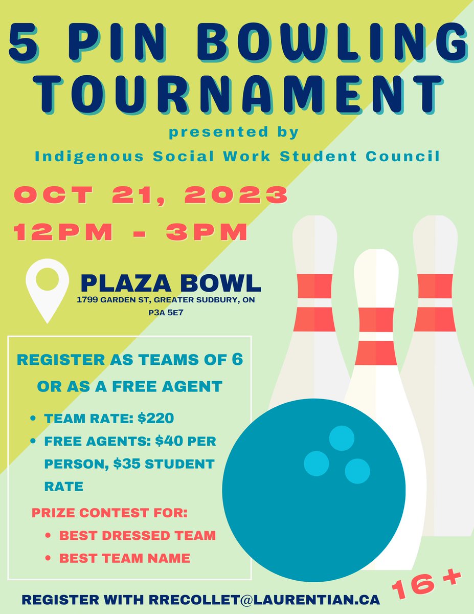 Laurentian University Indigenous Social Work (@laurentianiswk) on Twitter photo 🎳 Who is ready to bowl? The Indigenous Social Work Student Council presents the 5 Pin Bowling Tournament at Plaza Bowl on October 21st at 12pm! Join us for afternoon of fun! Register by emailing rrecollet@laurentian.ca. Prizes to be won for Best Dressed Team & Best Team Name 🎳 🎳 Who is ready to bowl? The Indigenous Social Work Student Council presents the 5 Pin Bowling Tournament at Plaza Bowl on October 21st at 12pm! Join us for afternoon of fun! Register by emailing rrecollet@laurentian.ca. Prizes to be won for Best Dressed Team & Best Team Name 🎳