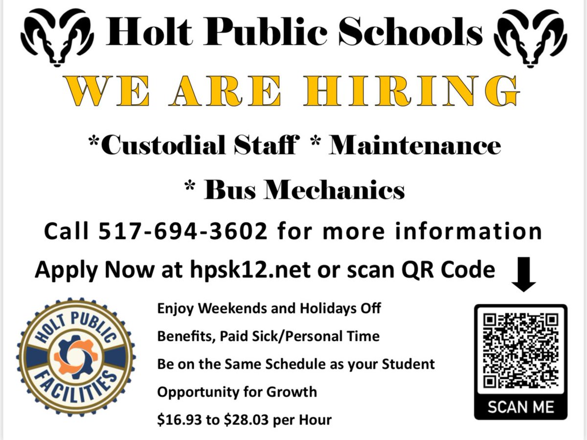 HoltPublicSch's tweet image. Hey Holt Public!  We are hiring!  Join us!  #gohps