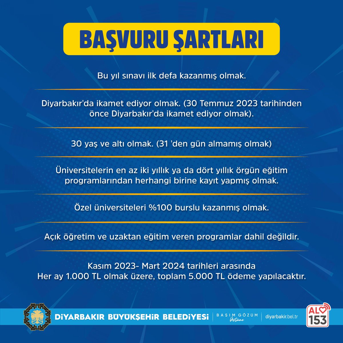 DUYMAYAN KALMASIN ELDEN ELE YAYALIM GENÇLER  📢 🙋‍♂️

📌#Diyarbakır’da ikamet eden 

📌Bu yıl için 2 yıllık veya 4 yıllık herhangi bir örgün eğitime kayıt olan üniversiteli gençlerimize,

🗓️Kasım 2023- Mart 2024 tarihleri arasında her ay 1️⃣0️⃣0️⃣0️⃣ ₺ olmak üzere 

TOPLAM 

5️⃣0️⃣0️⃣0️⃣