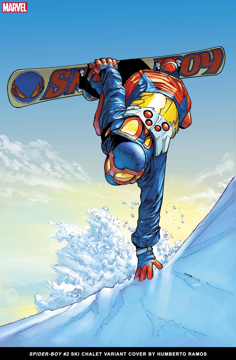 Beautiful new Ski Chalet variant for SPIDER-BOY #2 by @humberto_ramos! Those multi-eye goggles are sick! Also... I want that hoodie.