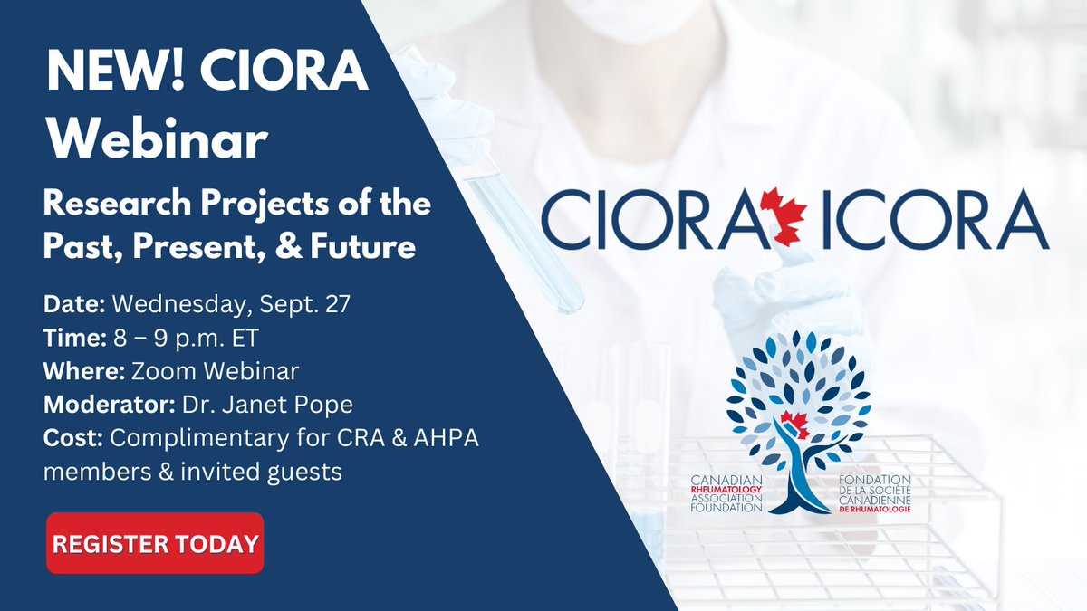 CRASCRRheum's tweet photo. 📣NEW Webinar! CIORA Research Projects of the Past, Present, &amp; Future

Members, join us for our webinar on CIORA research projects! Investigators will discuss their findings, next steps, &amp; how their research impacted rheum care &amp; their careers!

Register - https://t.co/HUXl1GUgmr https://t.co/XM3LoLnwKE