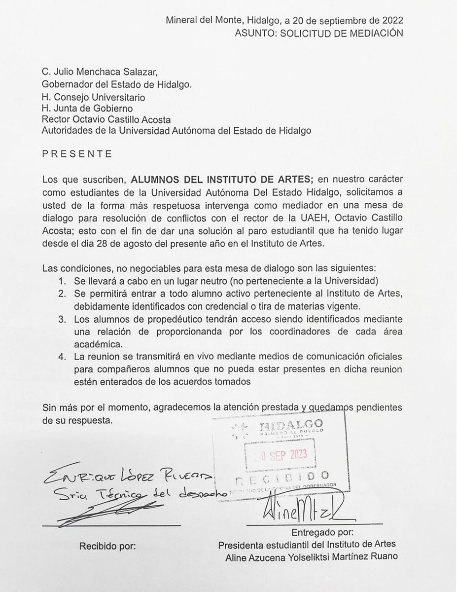 juliomenchaca_'s tweet photo. Escrito recibido por parte de la comunidad estudiantil del Instituto de Artes de la Universidad Autónoma del Estado de Hidalgo @UAEH_OFICIAL. https://t.co/6UMjorR3Xr