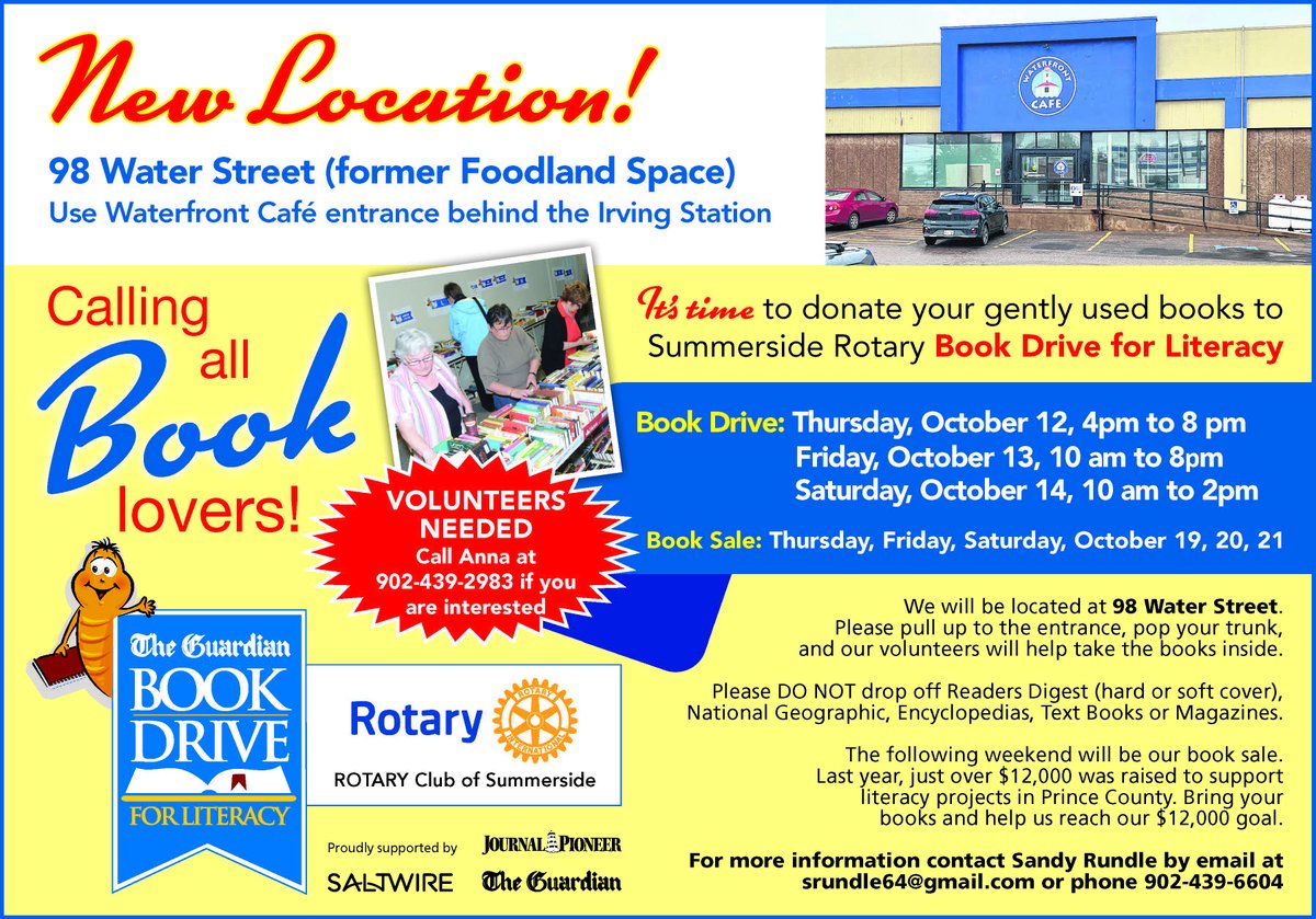 Spreading the word about this important community initiative. The <a href="/RotarySsideclub/">Rotary Club of Summerside</a> Book Drive raises thousands for local literacy projects 📚

Bring your books &amp; help them meet their fundraising goal!

#PEI #community #literacy