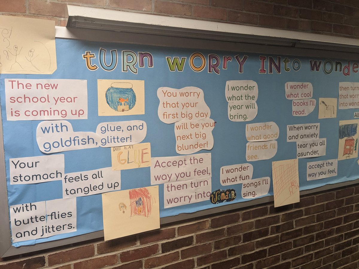 Thank you <a href="/AllanWolf100/">Allan Wolf</a> for the back-to-school bulletin board inspiration when I needed it most. Outside our elementary library and illustrated by K-6 Ss. #turnworryintowonder