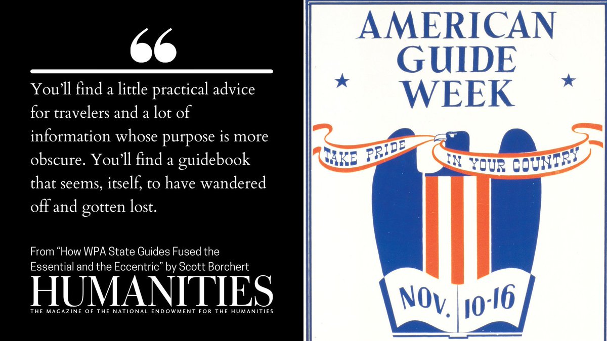 "In their best moments, the American Guides are engrossing, artful, and surprising. Some you can read cover to cover, and all of them reward leisurely skimming." <a href="/ScottBorchert/">Scott Borchert</a> tells the story of the Federal Writers Project and their American Guides:   neh.gov/article/how-wp…