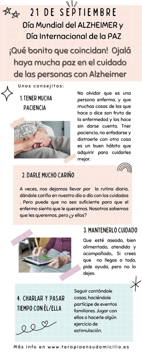 Hoy día internacional del Alzheimer, quiero participar en la concienciación del cuidado adecuado para las personas que sufren esta enfermedad ¿Podrías algo más?¡¡comenta y comparte!!¡¡Gracias!! #terapiaocupacional #personasmayores #cuidatemucho #alzheimer terapiaensudomicilio.com/enfermedad-de-…