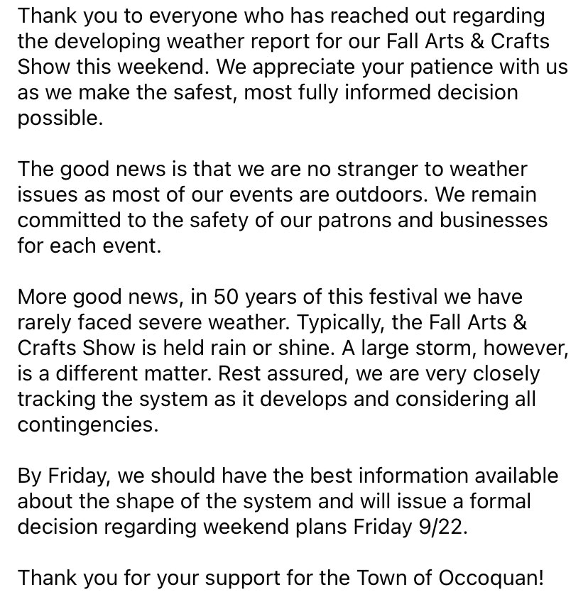 See details in our images about the pending weather decision for this weekends Occoquan Fall Arts and Crafts Show! Occoquanfestivals.com