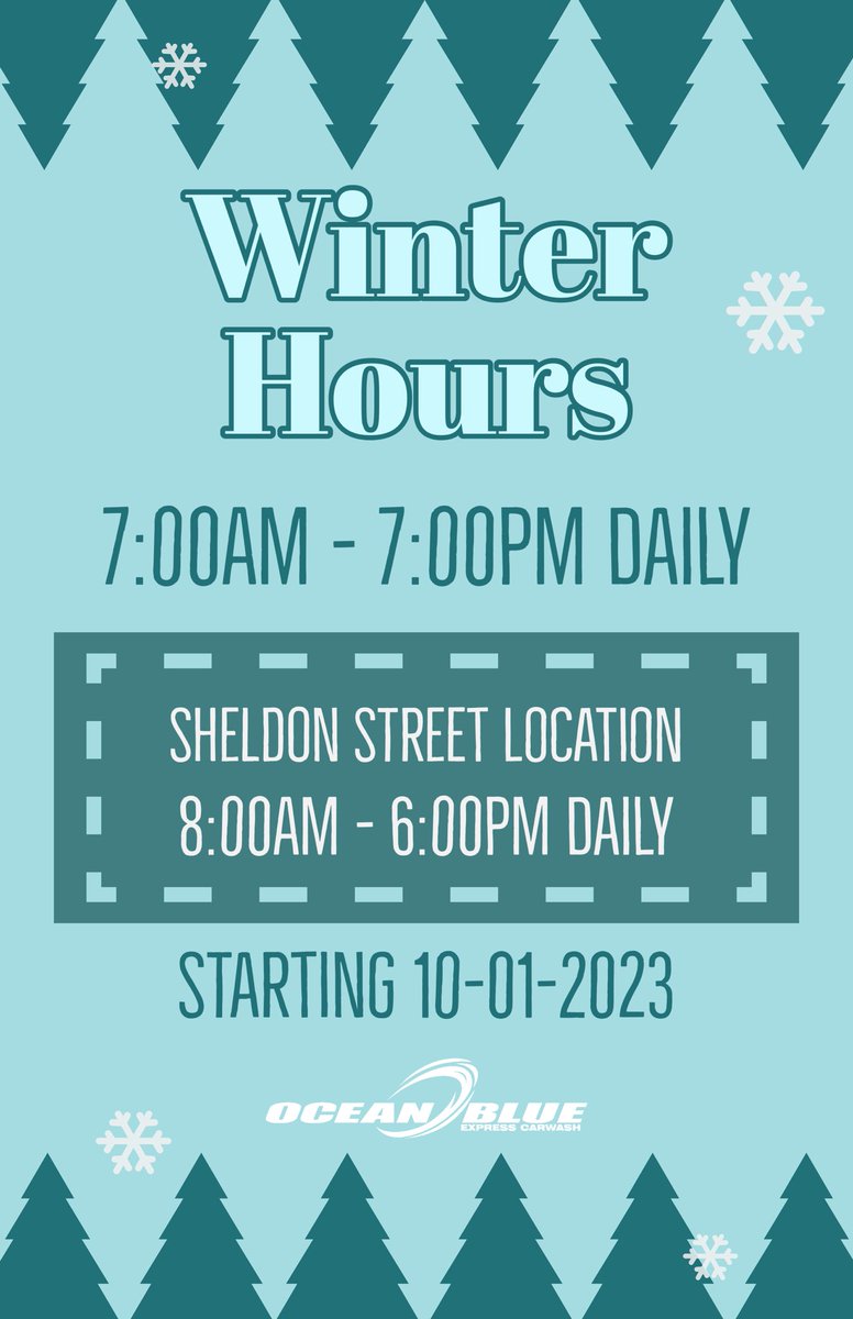 OceanBlueCW's tweet photo. Starting October 1st, our Sheldon Street location will be going to 8:00AM-6:00PM, 7 days a week during the winter. All other locations will remain 7:00AM-7:00PM Daily! https://t.co/AdDRheRipb