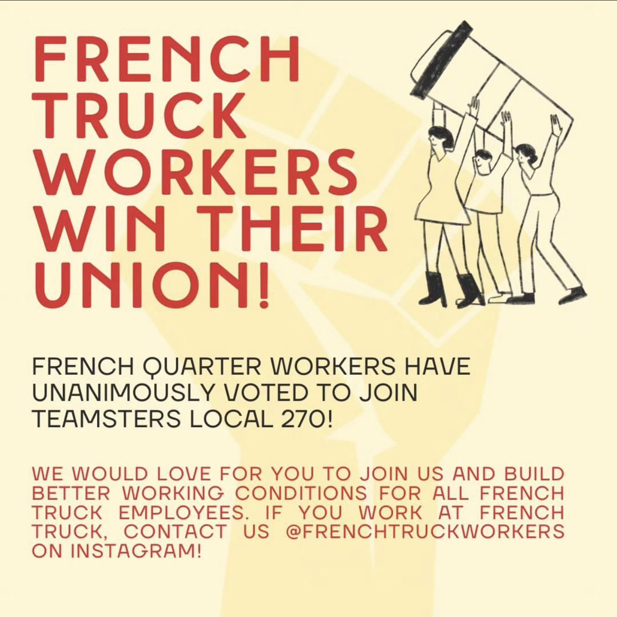 NewOrleansDSA's tweet photo. 🎉 Congratulations to the French Truck workers in the French Quarter! Last night, they unanimously voted to unionize and join @Teamsters Local 270.  They’ll now move to the bargaining stage and develop demands for a contract. https://t.co/hiFfyPF0Ka