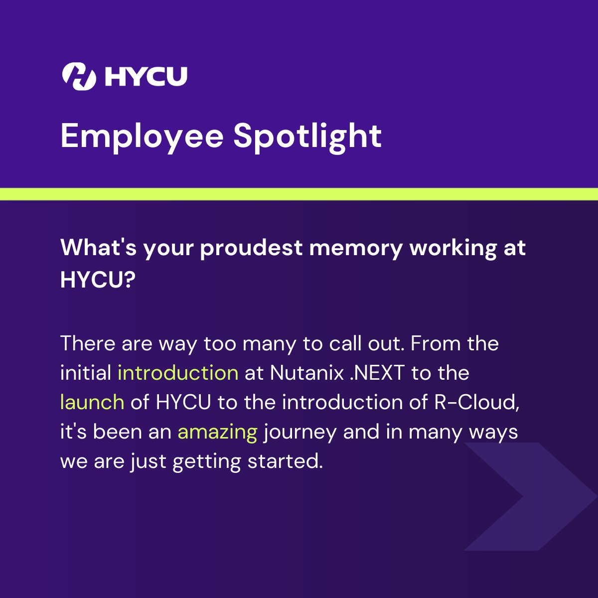 Next in our HYCU Spotlight series, meet @djenningspr! Not just our wordsmith, he's our recent G.O.A.T award winner from our latest All-Hands. 🐐 

👉 Swipe to discover Don's favorite HYCU value & his proudest #TeamPurple moments. 🐕 🏉 

#BetterWithAGE

(1/2)