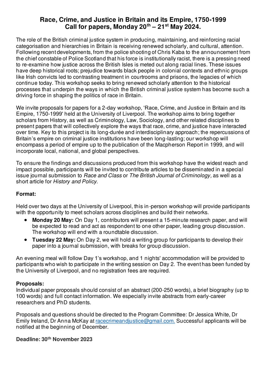 Join @DrAnnaLoisMckay, Dr Jess White, and myself for a workshop that takes an interdisciplinary, longue durée approach to the topic of Race, Crime and Justice in Britain and its Empire. Call for Papers below. Please retweet far and wide! @LivUniSLSJ @LivUniHistory