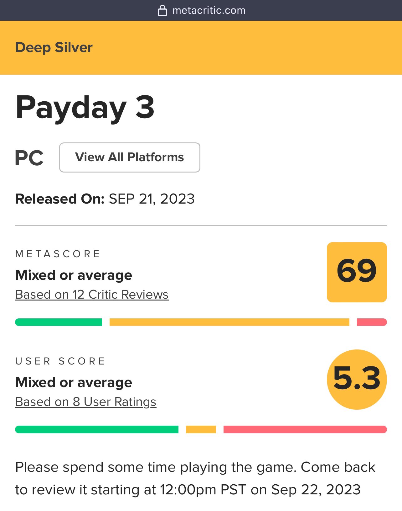 THE RED DRAGON on X: Payday 3 metacritic scores are dropping Day 1 on Xbox  Game Pass and gets the legendary GP score  / X