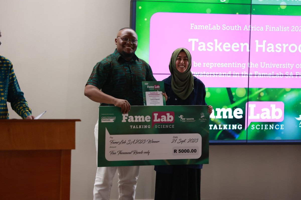 And finally, we are proud to announce that the winner of #FameLabSA2023 is…

Taskeen Hasrod!🥇