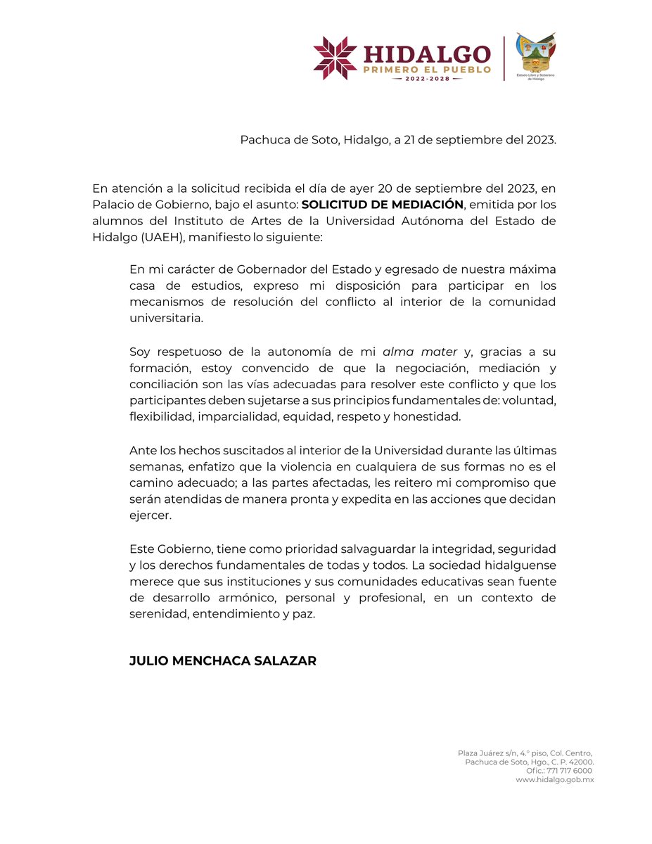 juliomenchaca_'s tweet photo. Ante la situación por la que atraviesa la Universidad Autónoma del Estado de Hidalgo @UAEH_OFICIAL, manifiesto mi disposición de participar en los mecanismos de resolución del conflicto que prevalece. https://t.co/YgLx2qarzG