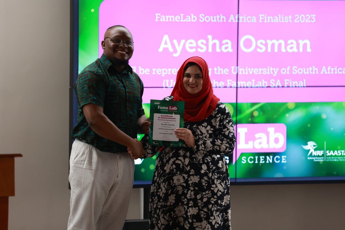 JiveMediaAfrica's tweet photo. The judges have deliberated and here is their final decision…🎉
Our 1st and 2nd place runner-ups are Ayesha Osman and Caleb Swanepoel!
#FameLabSA https://t.co/i4LpGlYp4U