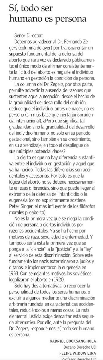 SI, TODO SER HUMANO ES PERSONA 
Respuesta clara al Dr. Fernando Zegers de Gabriel Bocksang y Felipe Widow
<a href="/derechouc/">Facultad Derecho UC</a>