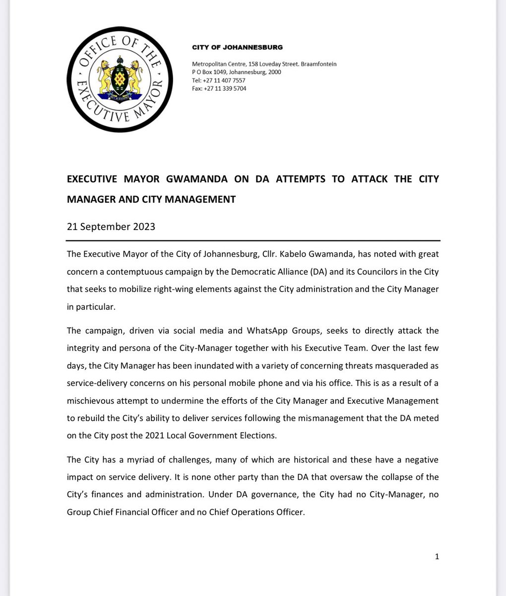 KabeloGwamanda's tweet image. [Statement] EXECUTIVE MAYOR GWAMANDA ON DA ATTEMPTS TO ATTACK THE CITY MANAGER AND CITY MANAGEMENT
#JohannesburgCBD #Johannesburg #Joburg #JoburgUpdates #JoburgMayor #Sandton #Midrand