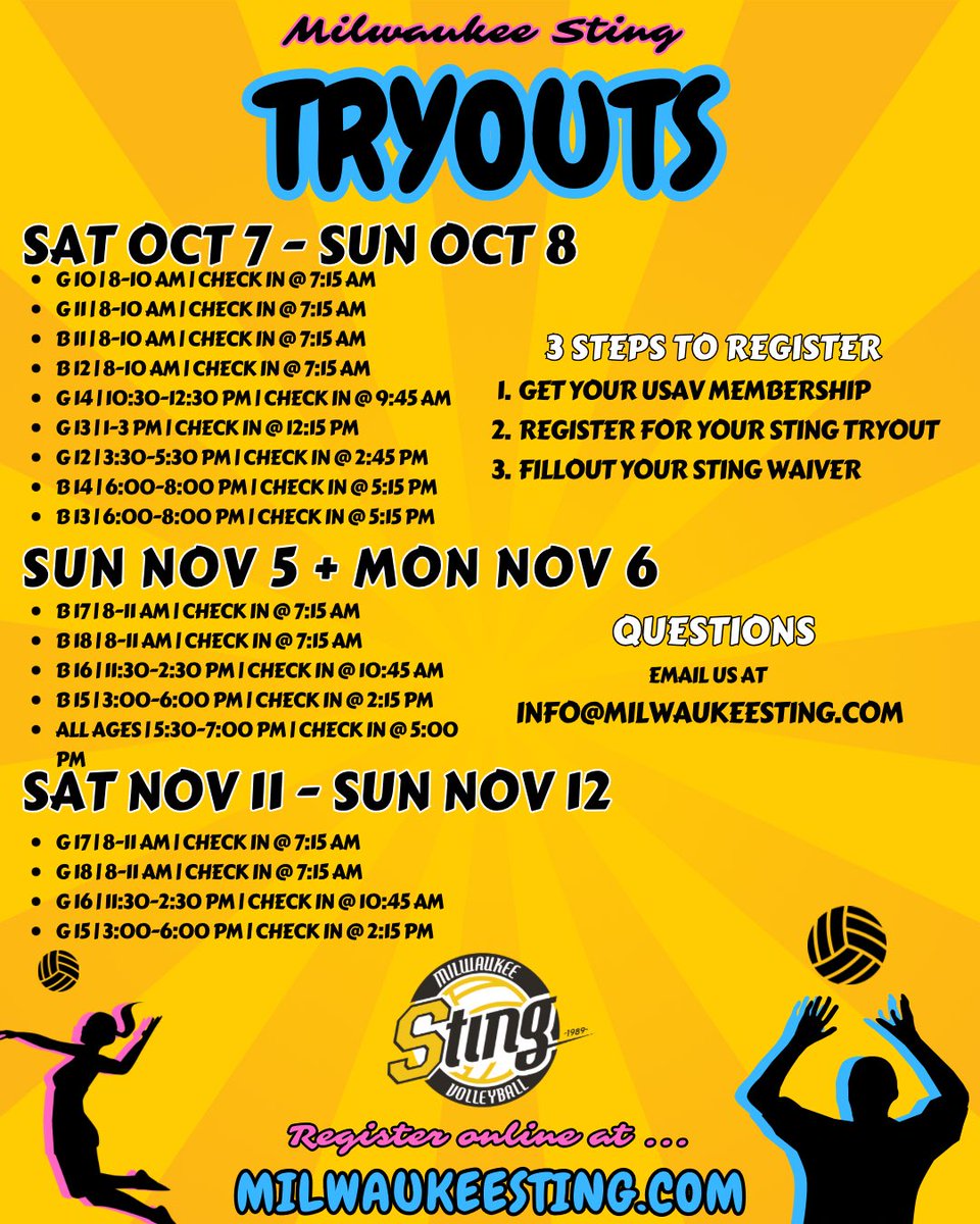 Tryouts will be here faster than you think ‼️

All things tryouts for Milwaukee Sting &amp; other important fall information is now available on our website. 🐝

More info &amp; registration can be found @ milwaukeesting.com