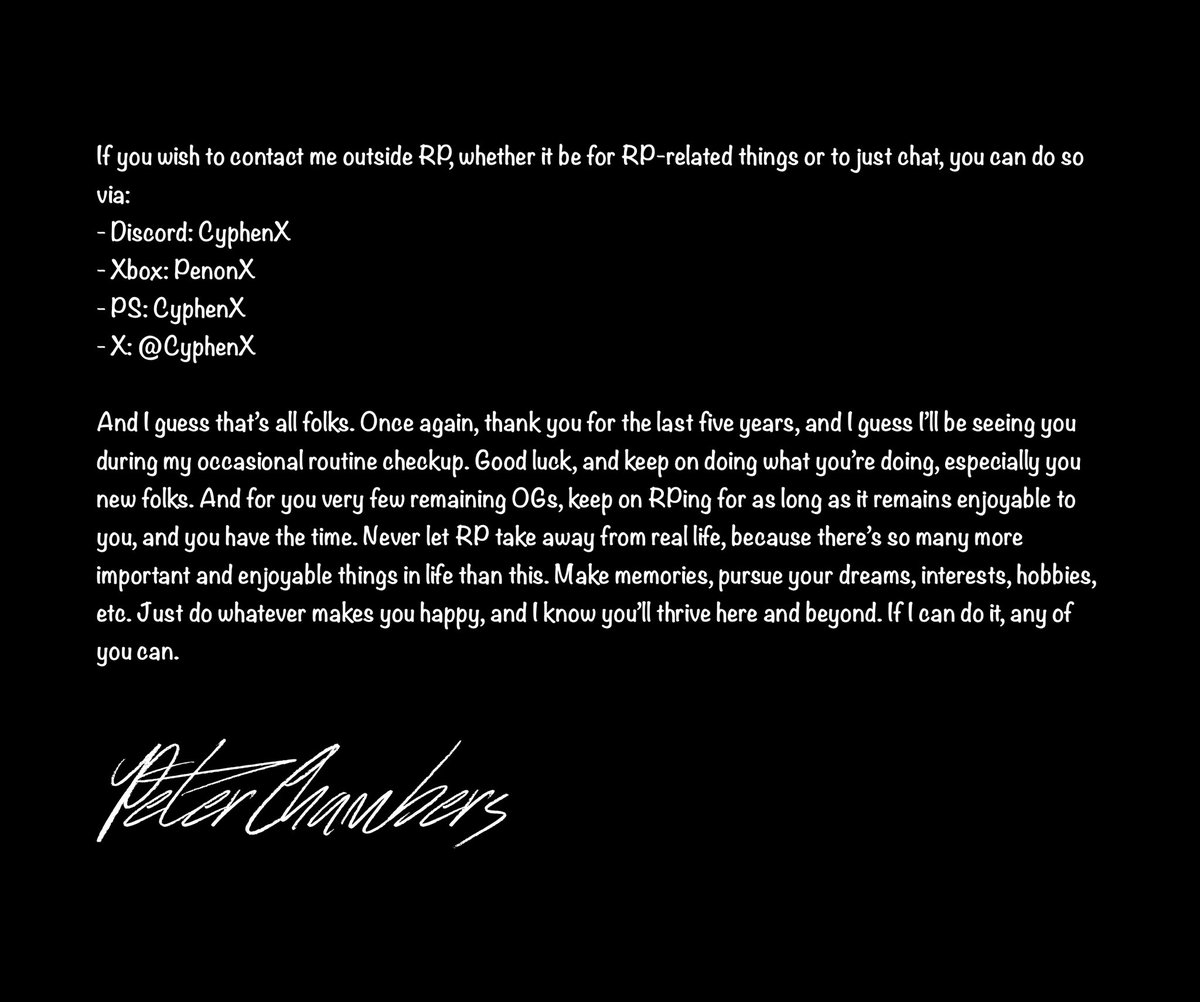 Goodbye all, and thank you for being part of my life for the last 5 years. 

Chambers and co., signing off.