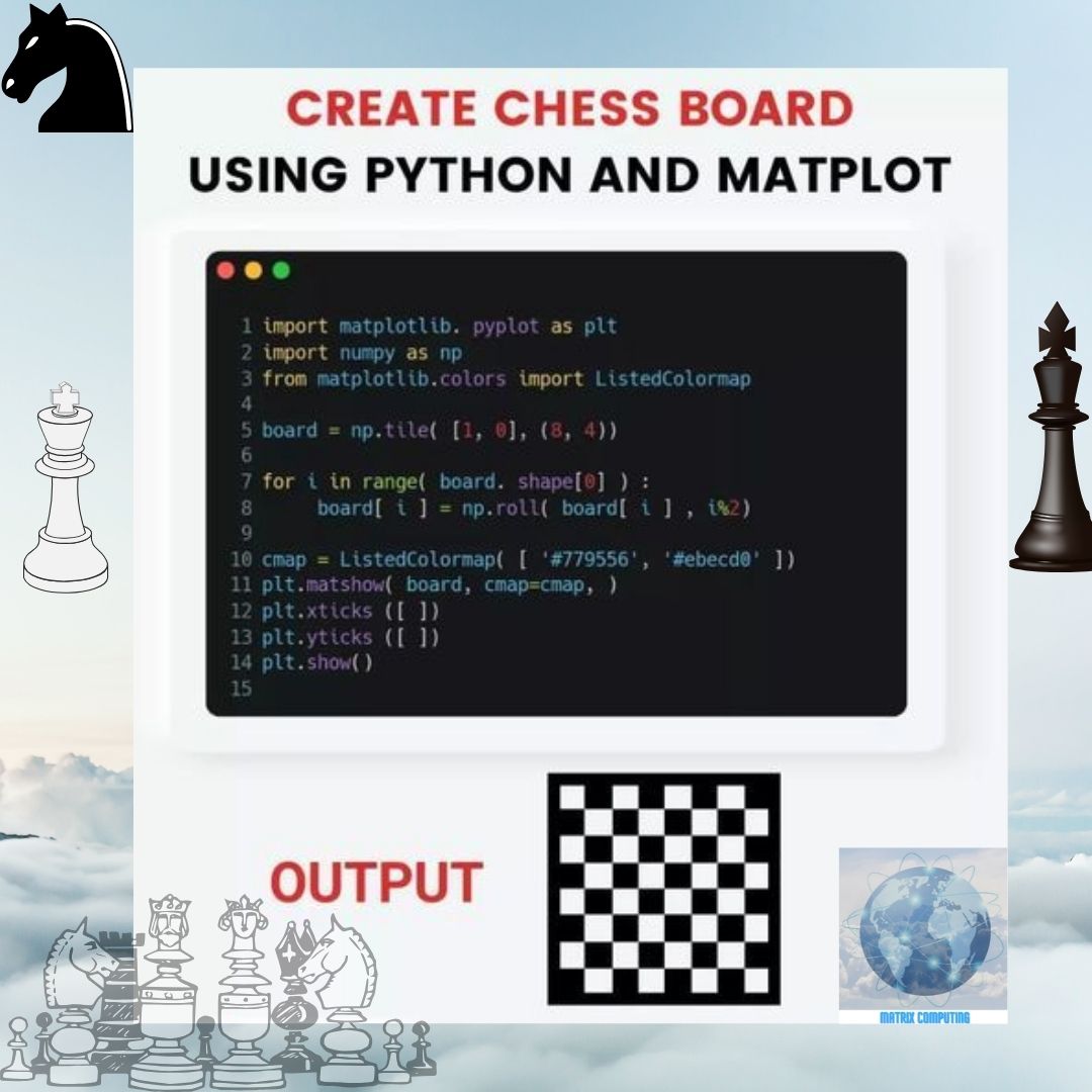 MatrixComputin1's tweet photo. #Create a #chessboard using #python and #matplot instructions listed below: 

 #programming #coding #java #javascript #programmer #developer #html #snake #coder #code #computerscience #technology #css #machinelearning #pythonprogramming #linux #ballpython #php #datascience https://t.co/i8tPPn3yFA