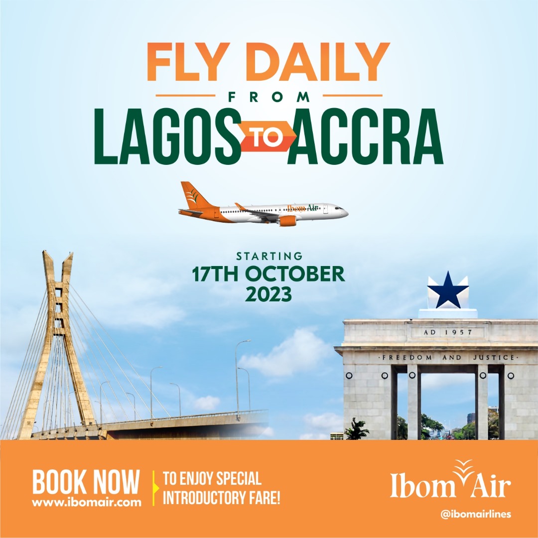 ibomairlines's tweet photo. It's official! Accra here we come! 

Starting from October 17th, 2023 we'll be operating daily flights from Lagos to Accra &amp; Accra to Lagos. 

Visit https://t.co/MtQFp2LfBp to Book Now and enjoy our special introductory fare!

#ibomair #lagos #nigeria #accra #ghana #aviation https://t.co/VxE9YWHhlz