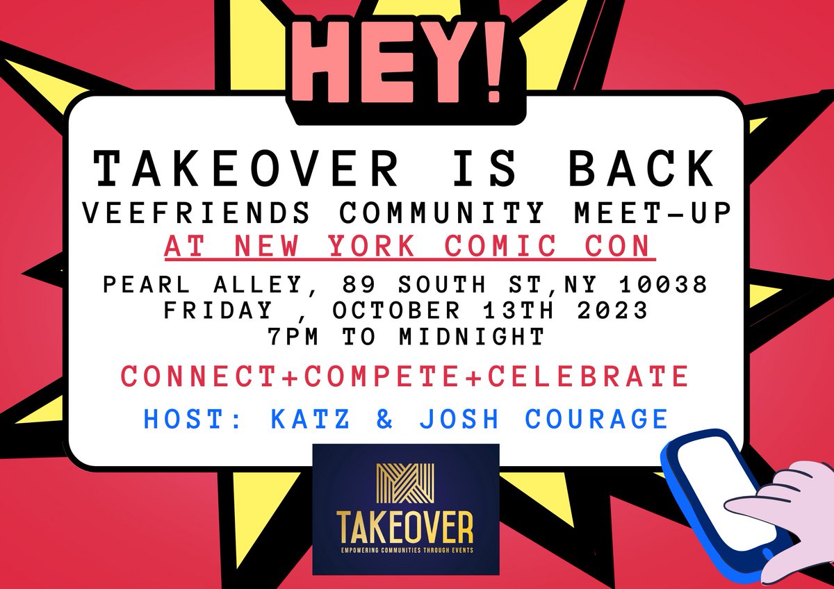 #TakeOverNYCC is here 🥁🥂🎊💥

Exciting news for <a href="/veefriends/">VeeFriends</a> community🐈‍⬛
Join us during <a href="/NY_Comic_Con/">New York Comic Con</a>🦸at <a href="/TheSeaportNYC/">The Seaport</a>⚓️

⚡️Community C&amp;C Tournament 🏆
⚡️@0x17Gallery showcasing artist x VF collab🖼️
⚡️Our community members star in a billboard commercial in Times Square! 🌆