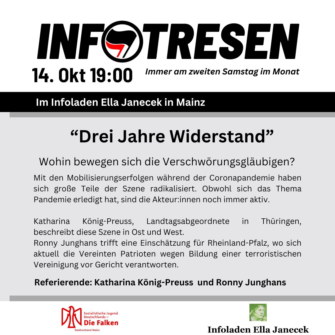 Wir freuen uns schon auf unseren 2. Doppelvortrag der Veranstaltungsreihe Infotresen am 14.10.23 im Infoladen #Mainz.
Diesmal begrüßen wir die Referent*innen <a href="/KatharinaKoenig/">Katharina König-Preuss 🍓</a> und <a href="/RonnyJunghans/">Ronny Junghans</a>. Unter dem Titel "Drei Jahre Widerstand" geben sie einen Einblick wohin...
