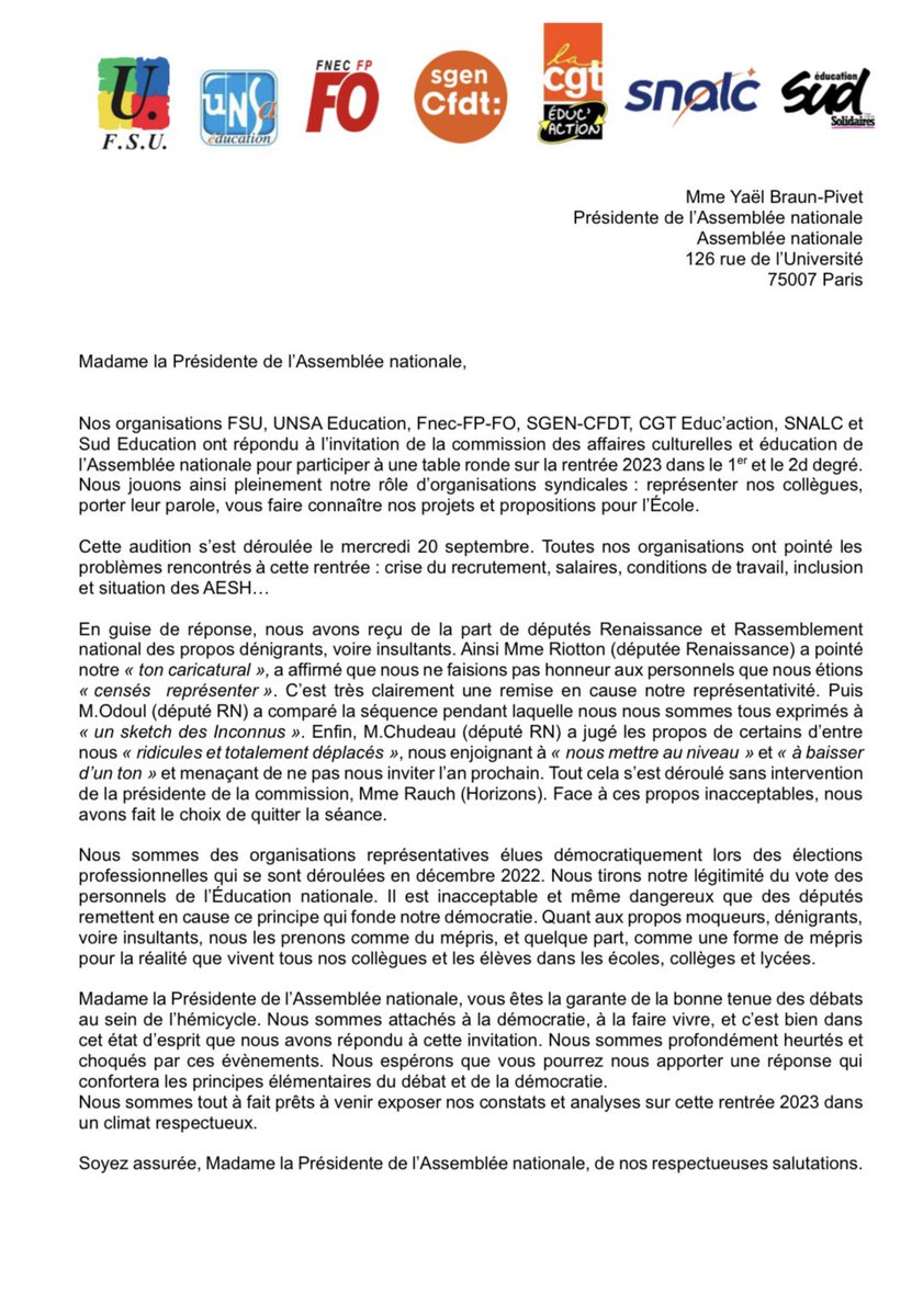 SuisEnRetard's tweet image. Déclaration intersyndicale suite aux propos inacceptables tenus par plusieurs députés lors d'une table ronde avec @SNALC_National et les autres organisations représentatives.

Un courrier est également envoyé à la Présidente de l'Assemblée @YaelBRAUNPIVET.