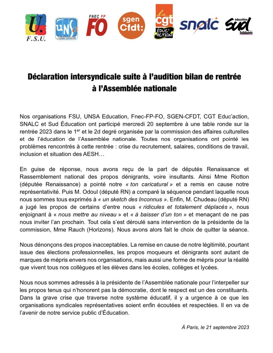 SuisEnRetard's tweet image. Déclaration intersyndicale suite aux propos inacceptables tenus par plusieurs députés lors d'une table ronde avec @SNALC_National et les autres organisations représentatives.

Un courrier est également envoyé à la Présidente de l'Assemblée @YaelBRAUNPIVET.