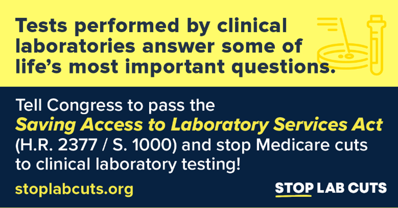 ASCLS's tweet image. Without congressional action this year, laboratories across the country will face tough decisions potentially reducing services offered to patients and curbing investments in diagnostic innovation. Tell Congress to #StopLabCuts and enact #SALSA now: stoplabcuts.org.