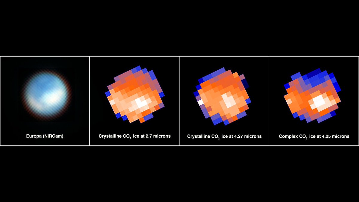ESA_Webb's tweet photo. 🆕 Webb finds carbon source on the surface of #Jupiter’s moon #Europa. 🧵👇 https://t.co/YOIVpWt4Qj