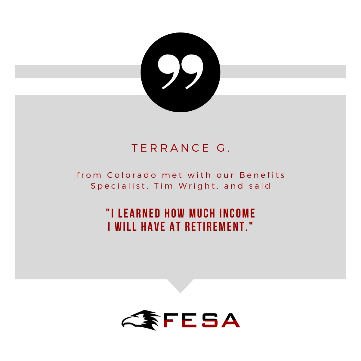 TeamFESA's tweet image. Like Terrance G. from Colorado, we can help you understand your benefits too! Contact us at (512) 687-6202 or email CustomerService@GoFESA.com
Visit GoFESA.com for more information
#FESA #Benefits #Retirement #TSP #Medicare #BenefitsAnalysis